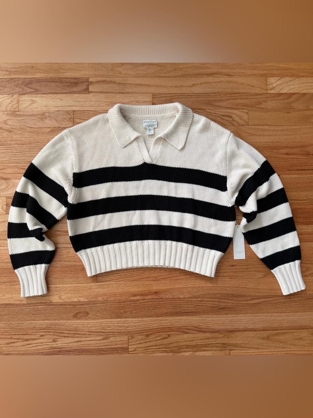 Calypso St. Barth Ivory and Black Striped Polo Collar Sweater NWT L
